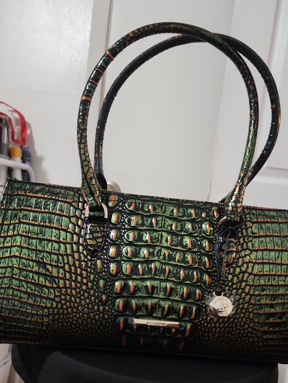 Brahmin Croc-Embossed Green Satchel Handbag